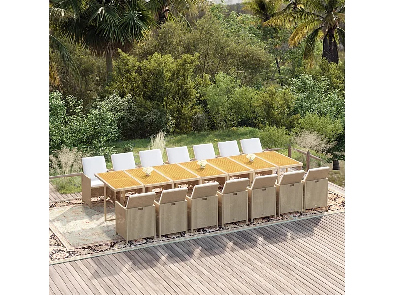 Ensemble à dîner de jardin coussins 15 pièces Beige Résine tressée