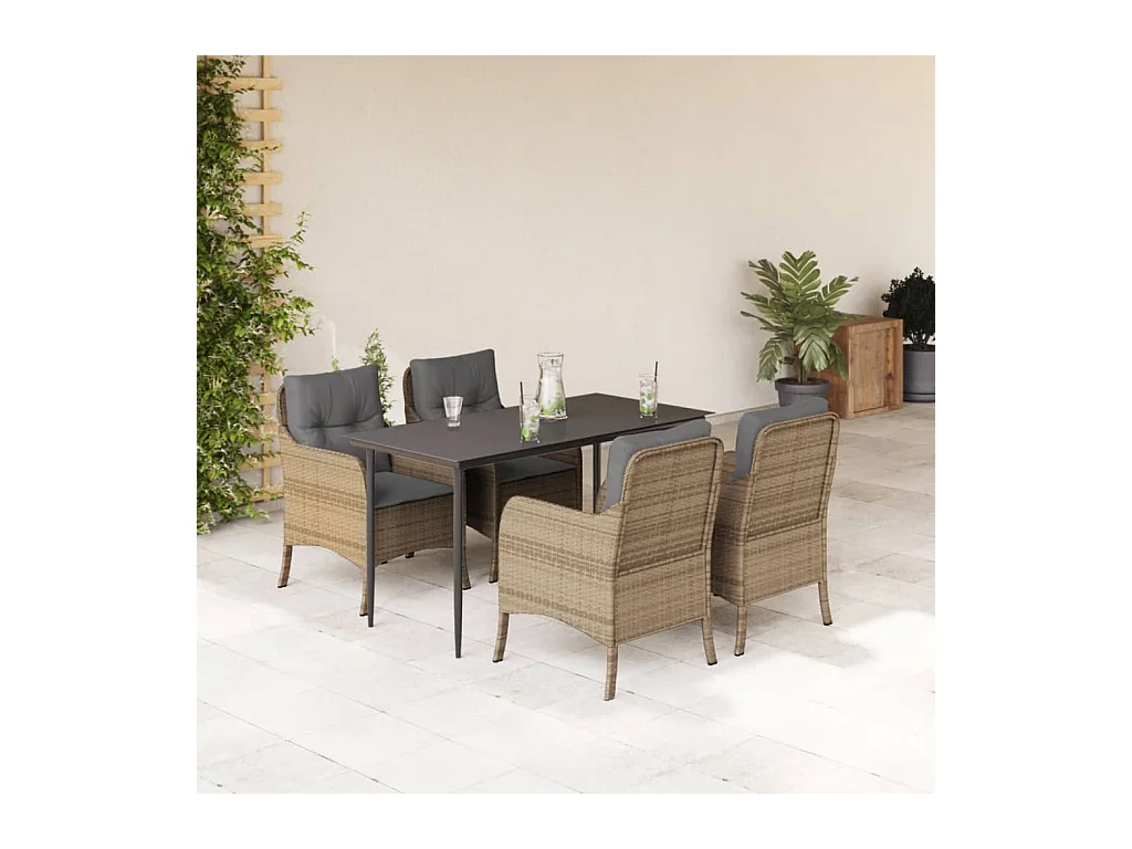 Ensemble à manger de jardin avec coussins 5 pièces Beige poly rotin