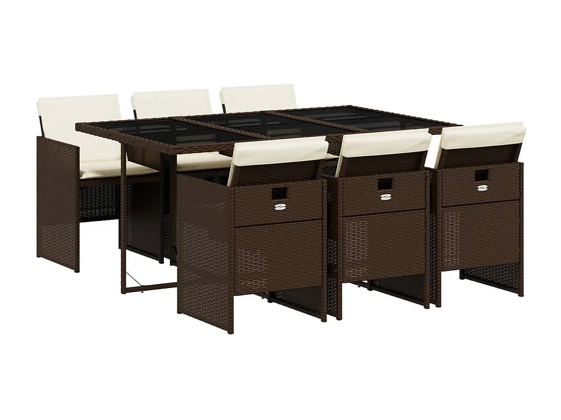 Set comedor de jardín 7 piezas con cojines ratán sintético marrón