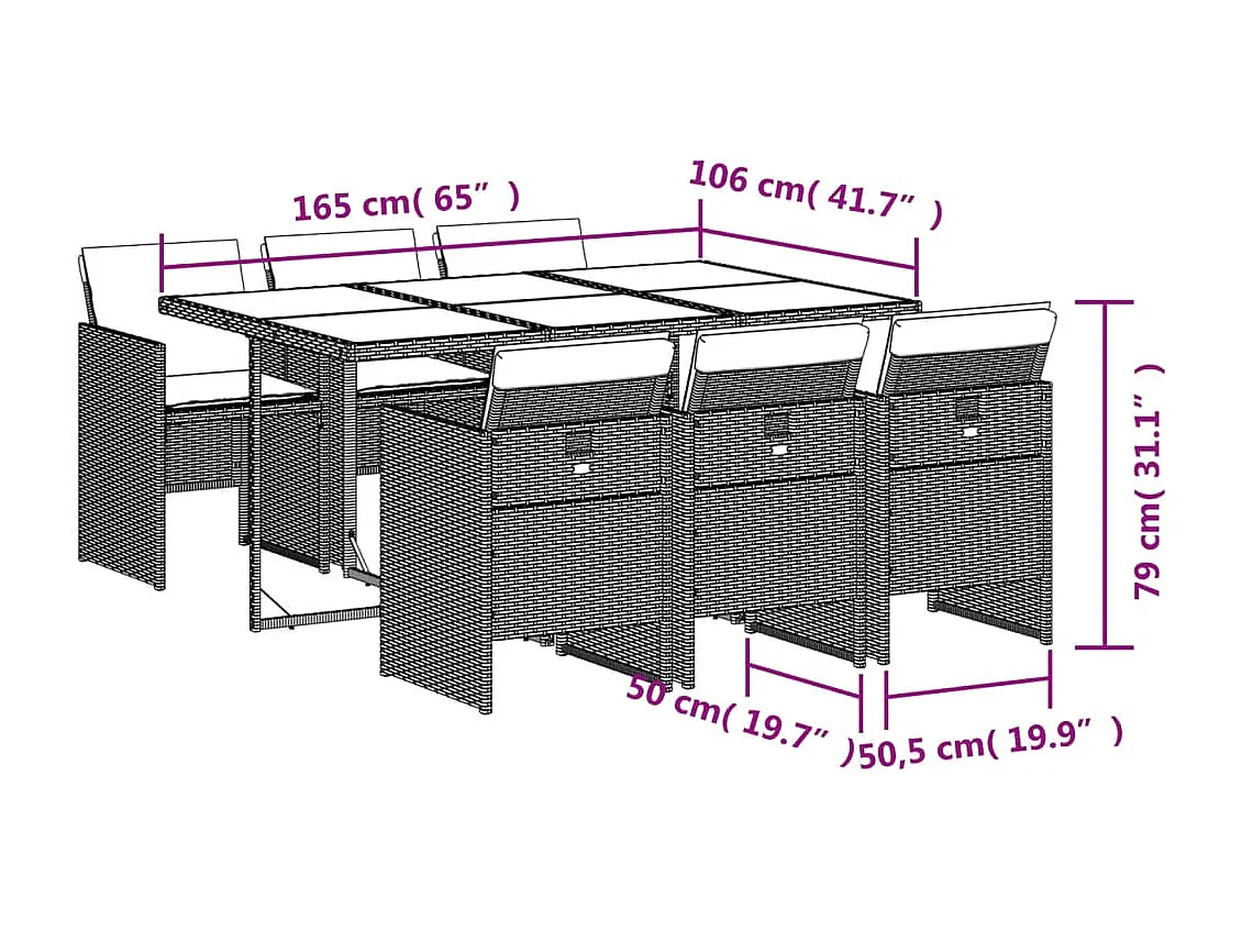 Set comedor de jardín 7 piezas con cojines ratán sintético marrón