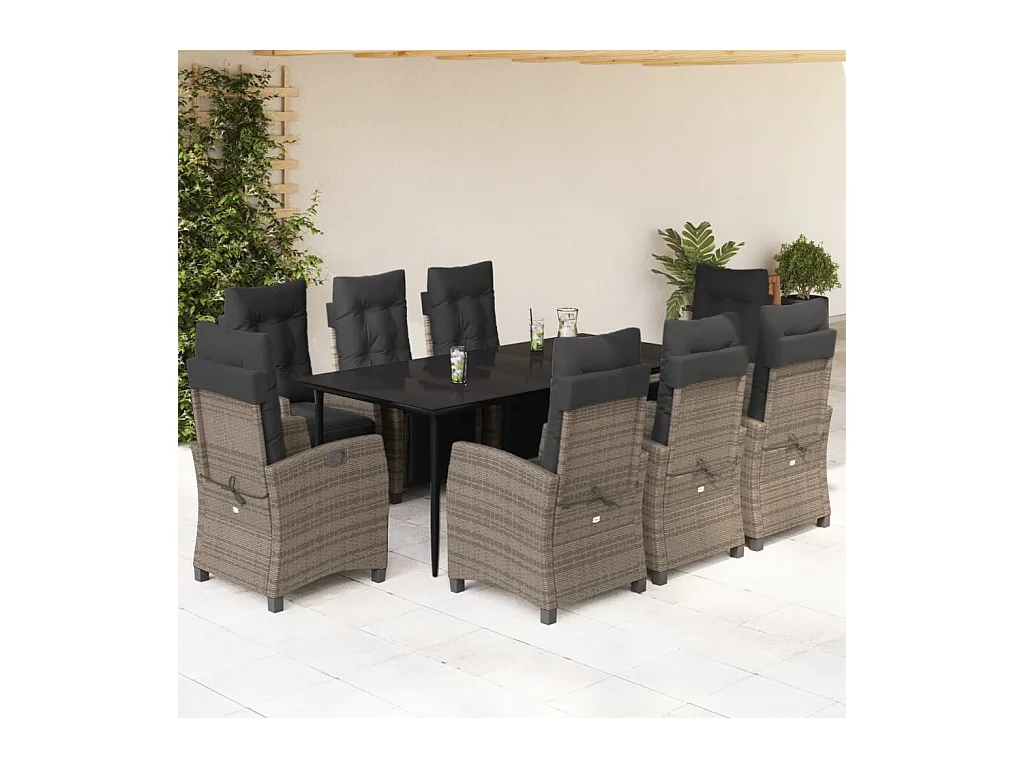 9-delige Tuinset met kussens poly rattan grijs