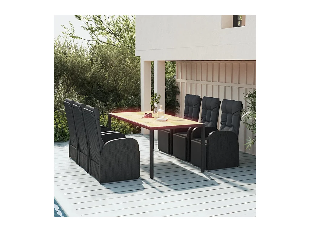 Ensemble à dîner de jardin 7 pièces Noir Poly rotin et acacia