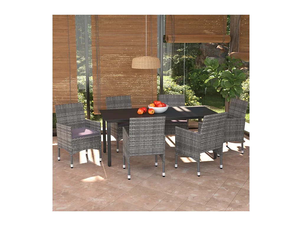 Mobilier à dîner de jardin et coussins 7 pièces Résine tressée Gris