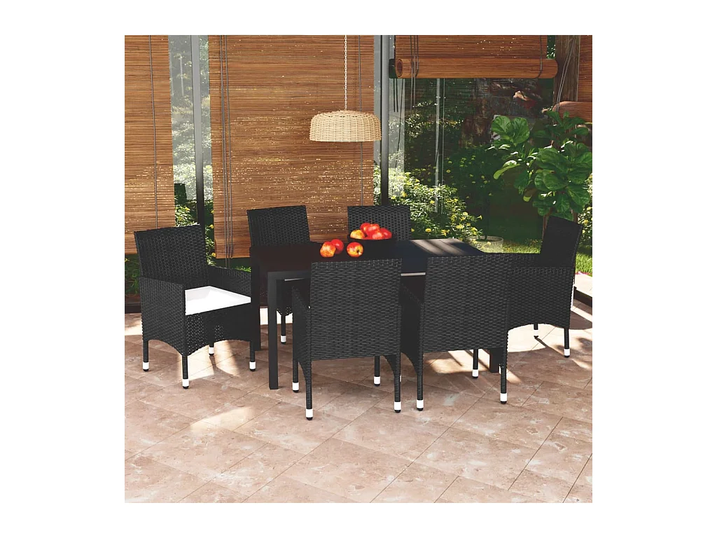 Mobilier à dîner de jardin et coussins 7 pièces Résine tressée Noir