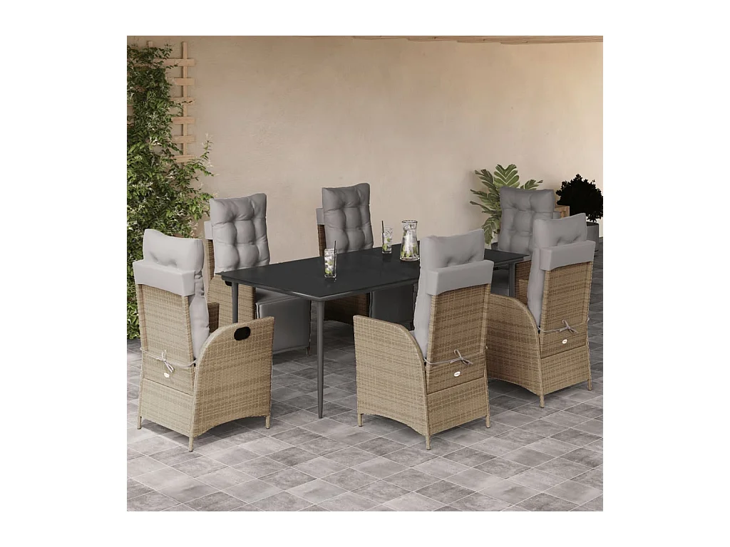 Ensemble à manger de jardin coussins 7 pièces mélange beige rotin