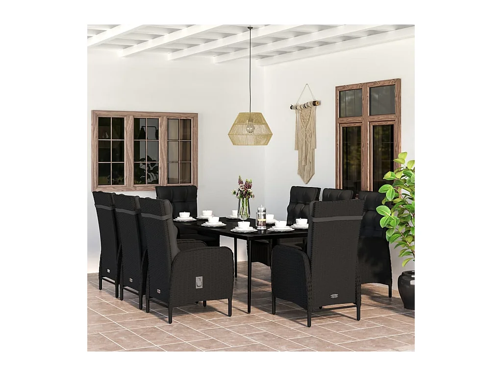 Ensemble de salle à manger de jardin avec coussins 9 pièces Noir