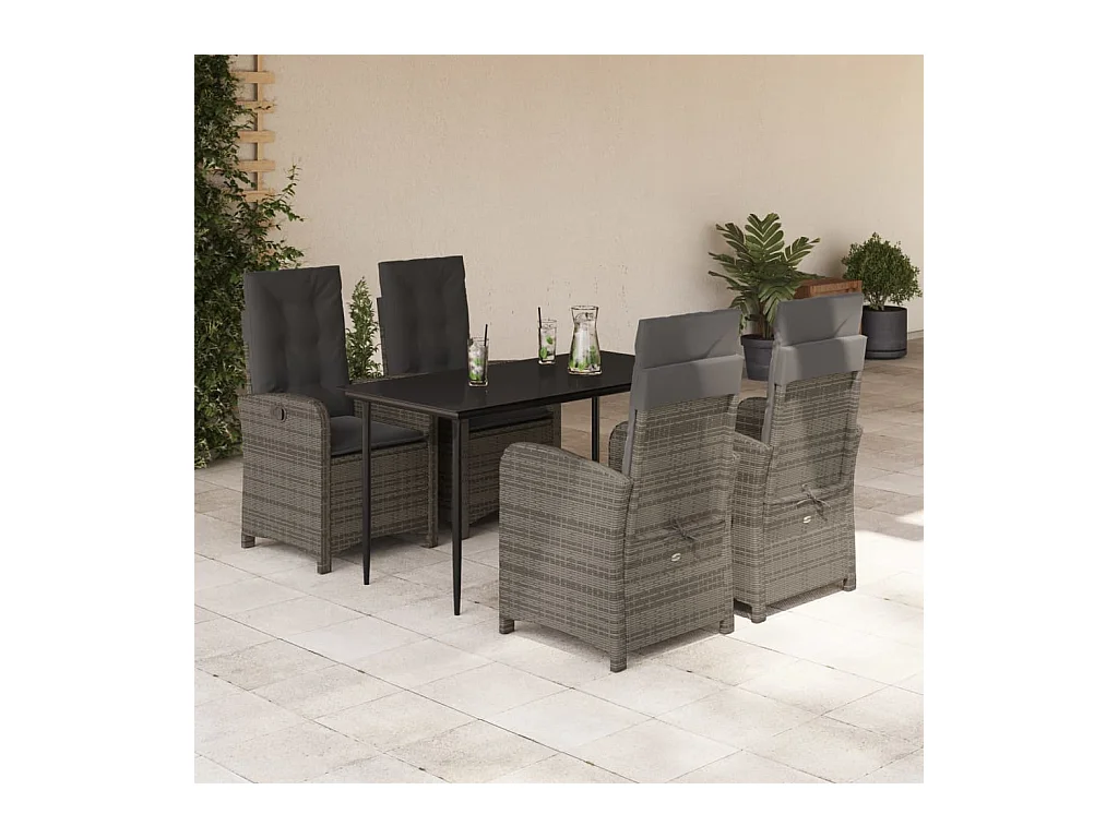 Set comedor de jardín 5 piezas con cojines ratán sintético gris