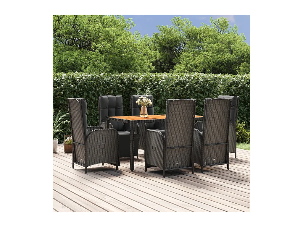 Ensemble à dîner de jardin et coussins 7 pièces Noir Résine tressée
