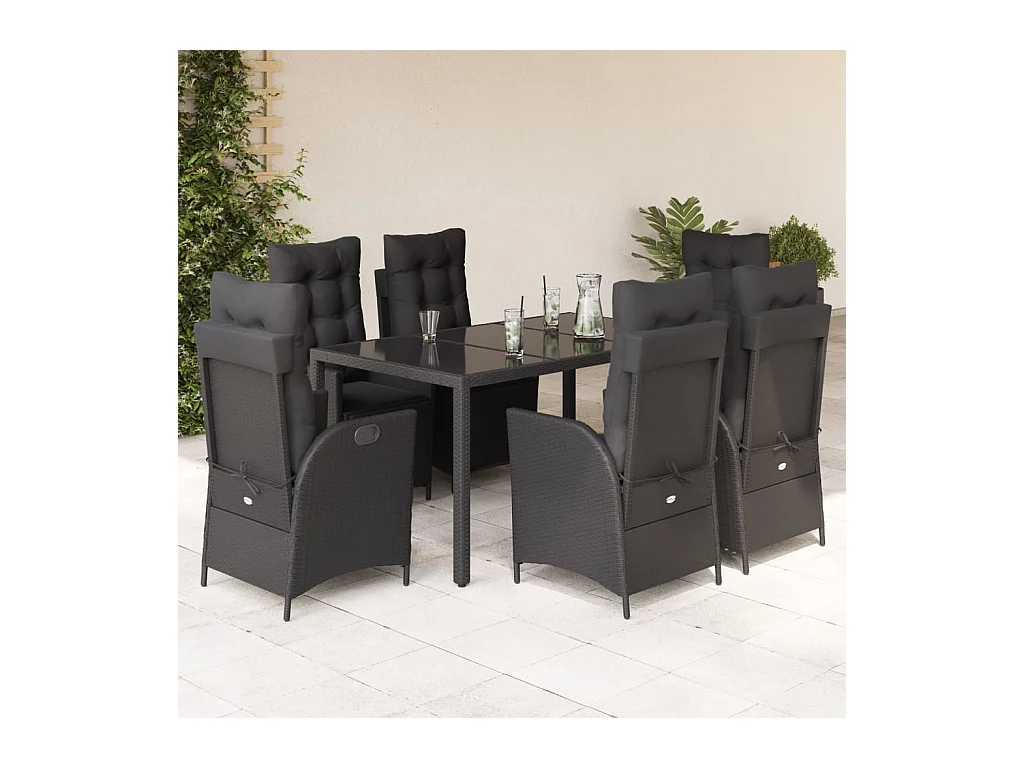 Ensemble à manger de jardin coussins 7 pièces Noir Résine tressée