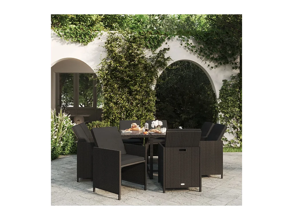 Mobilier à dîner de jardin et coussins 9 pièces Résine tressée Noir