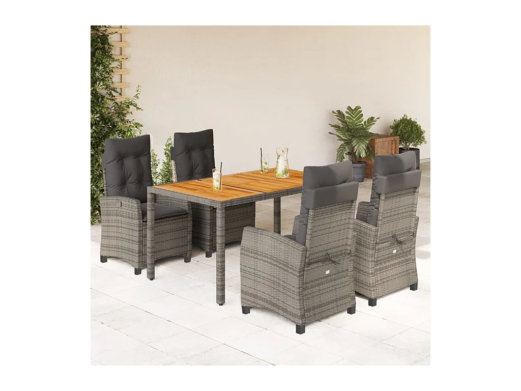 5 peças conjunto de jantar p/ jardim c/ almofadões vime PE cinza