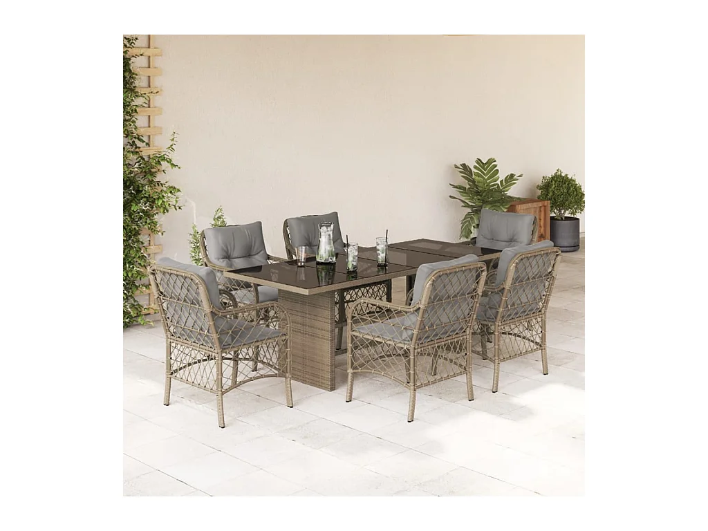 7-delige Tuinset met kussens poly rattan gemengd beige