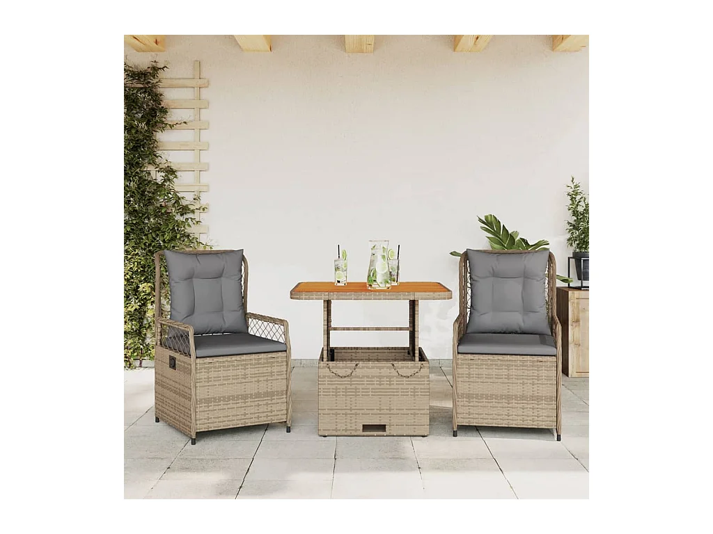 Ensemble à manger de jardin et coussins 3 pièces Beige poly rotin