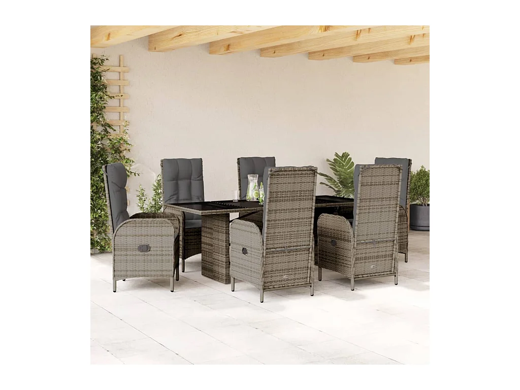 Ensemble à manger de jardin et coussins 7 pièces gris rotin