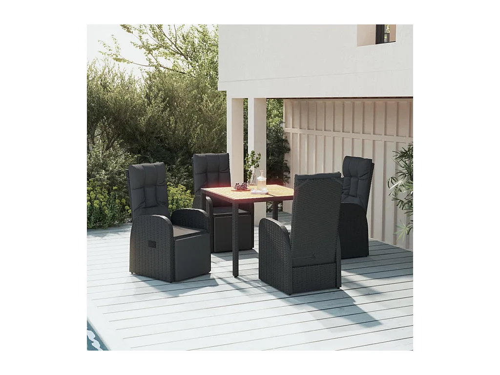 Ensemble à dîner de jardin 5 pièces Noir Poly rotin et acacia