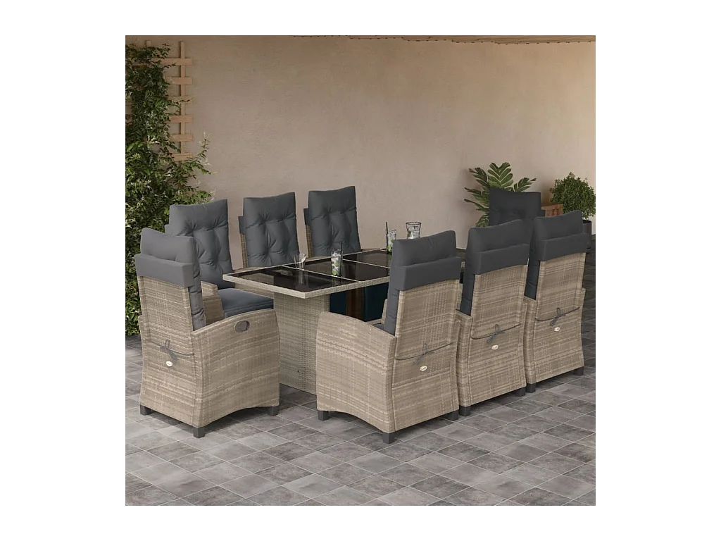 Ensemble à manger de jardin et coussins 9 pièces gris clair rotin