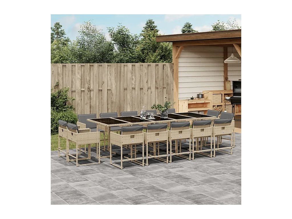 Ensemble à manger de jardin et coussins 15 pièces mélange beige