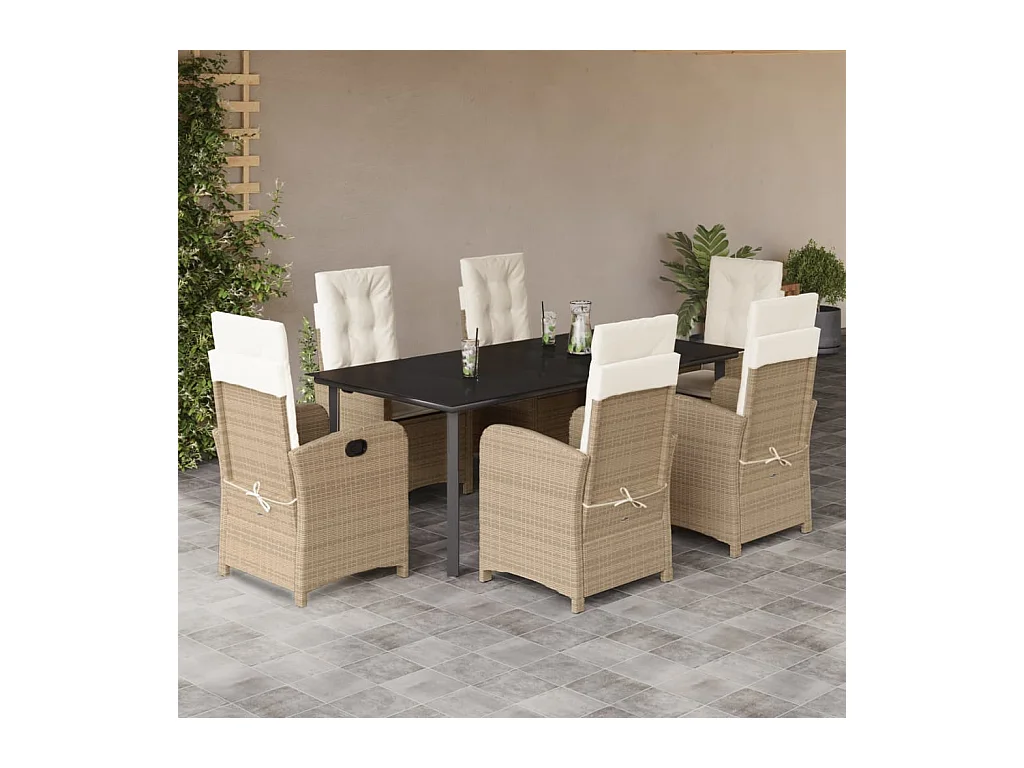 7 peças conjunto de jantar p/ jardim com almofadões vime PE bege