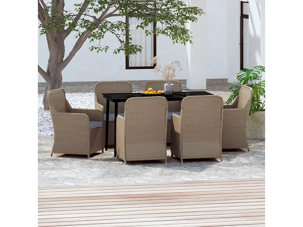 Mobilier de salle à manger de jardin et coussins 7 pièces Marron