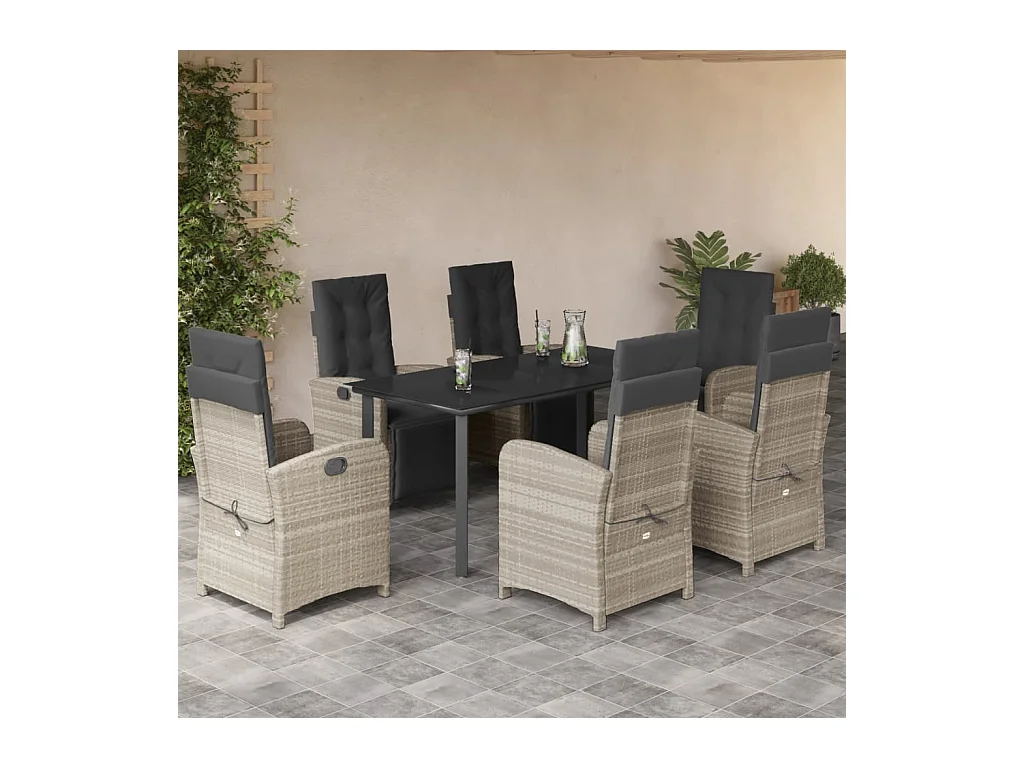 Ensemble à manger de jardin et coussins 7 pièces gris clair rotin