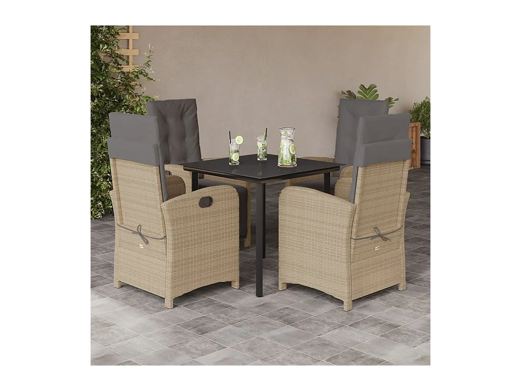 Ensemble à manger de jardin coussins 5 pièces mélange beige rotin