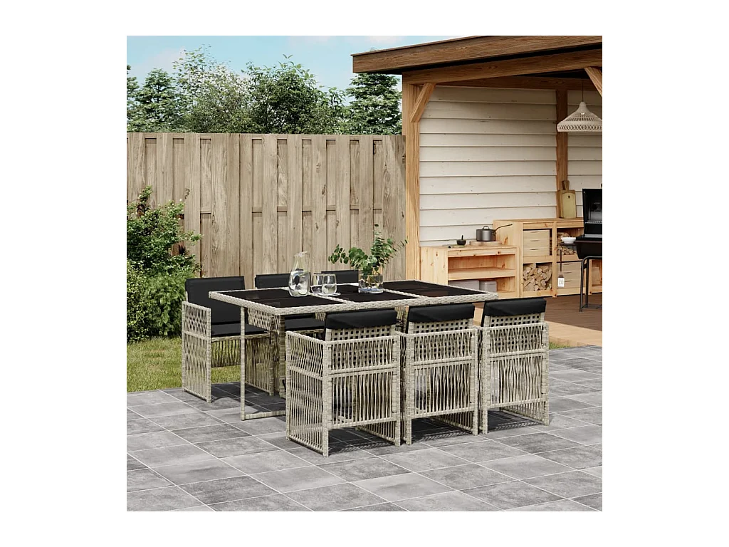 Set comedor jardín 7 piezas y cojines ratán sintético gris claro