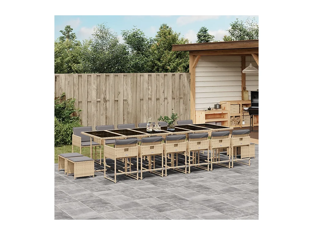 Ensemble à manger de jardin et coussins 17 pièces mélange beige