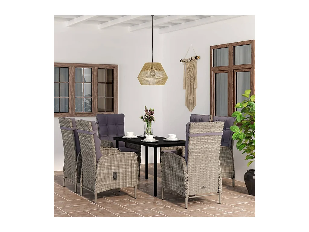 Mobilier de salle à manger de jardin coussins 7 pièces Gris et noir