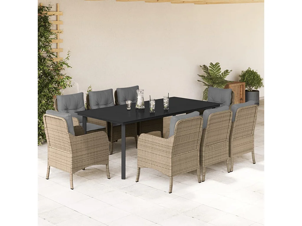 Ensemble à manger de jardin et coussins 9 pièces beige Poly rotin