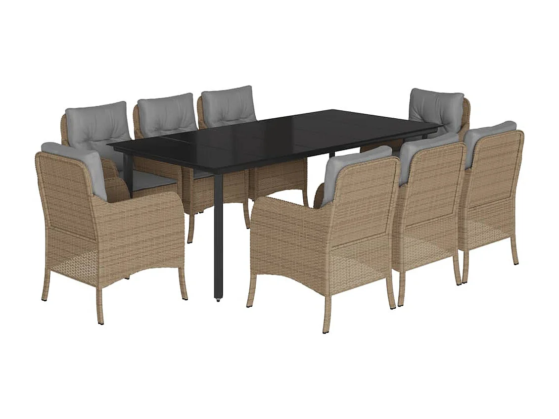 Ensemble à manger de jardin et coussins 9 pièces beige Poly rotin