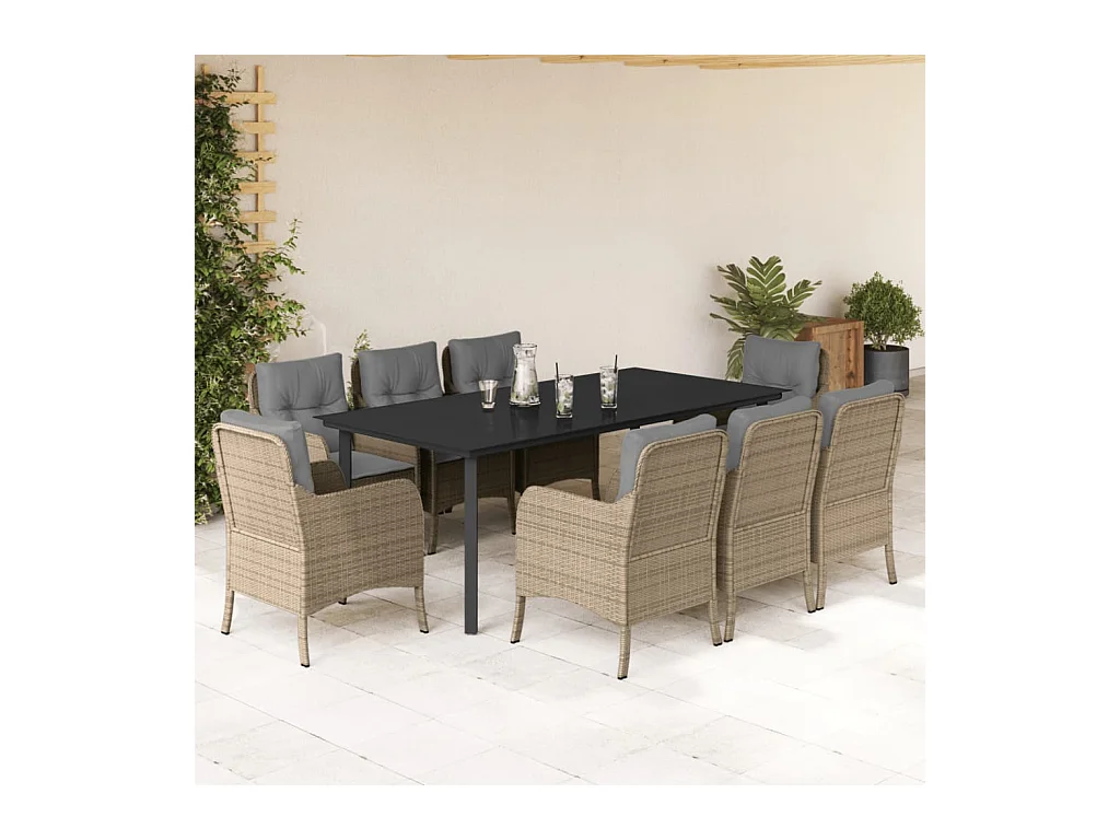 9 peças conjunto de jantar p/ jardim com almofadões vime PE bege