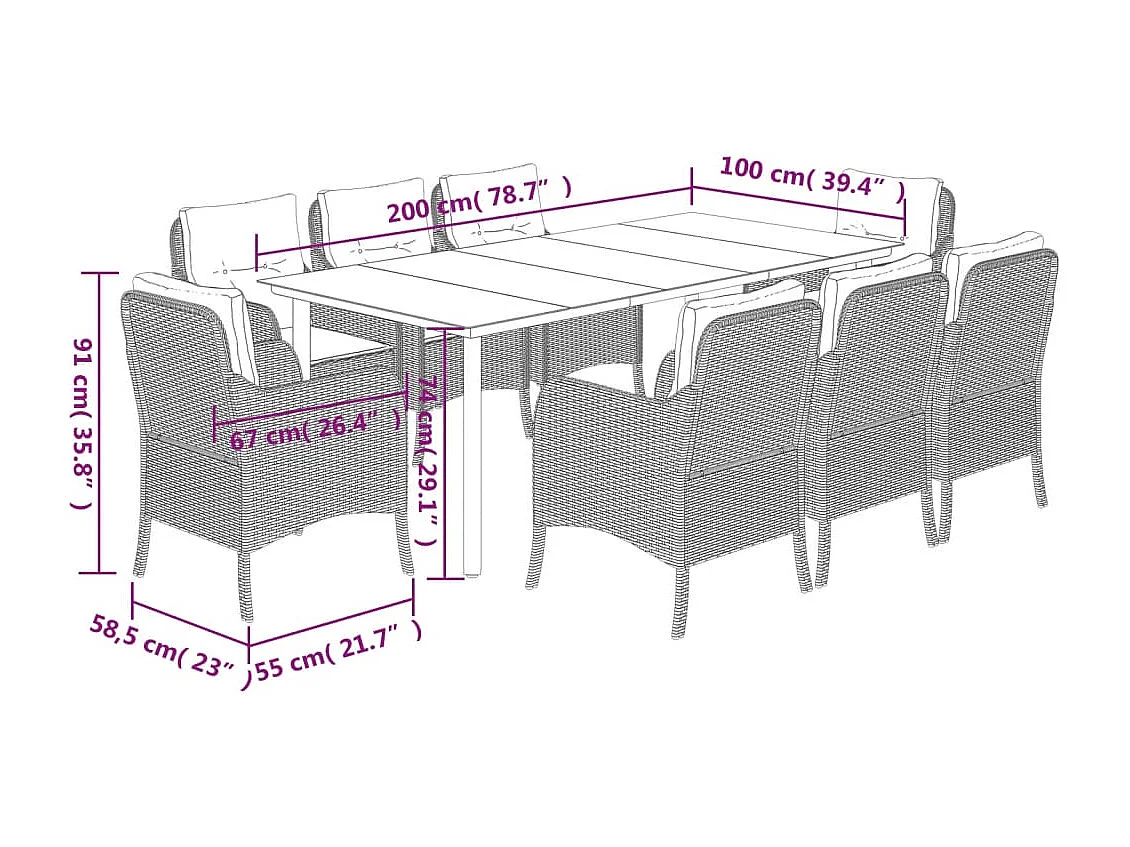 Ensemble à manger de jardin et coussins 9 pièces beige Poly rotin
