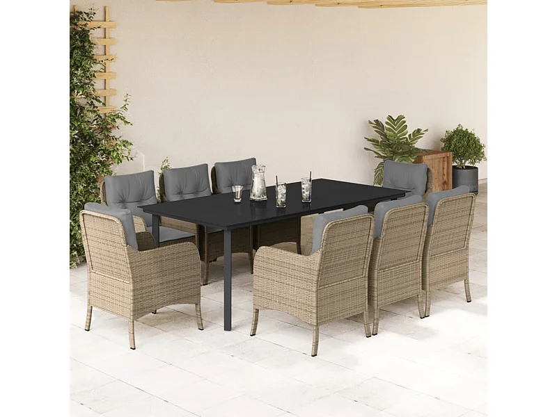 Ensemble à manger de jardin et coussins 9 pièces beige Poly rotin