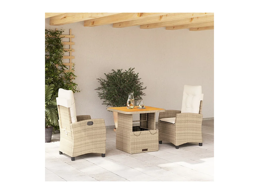 Ensemble à manger de jardin et coussins 3 pièces Beige poly rotin