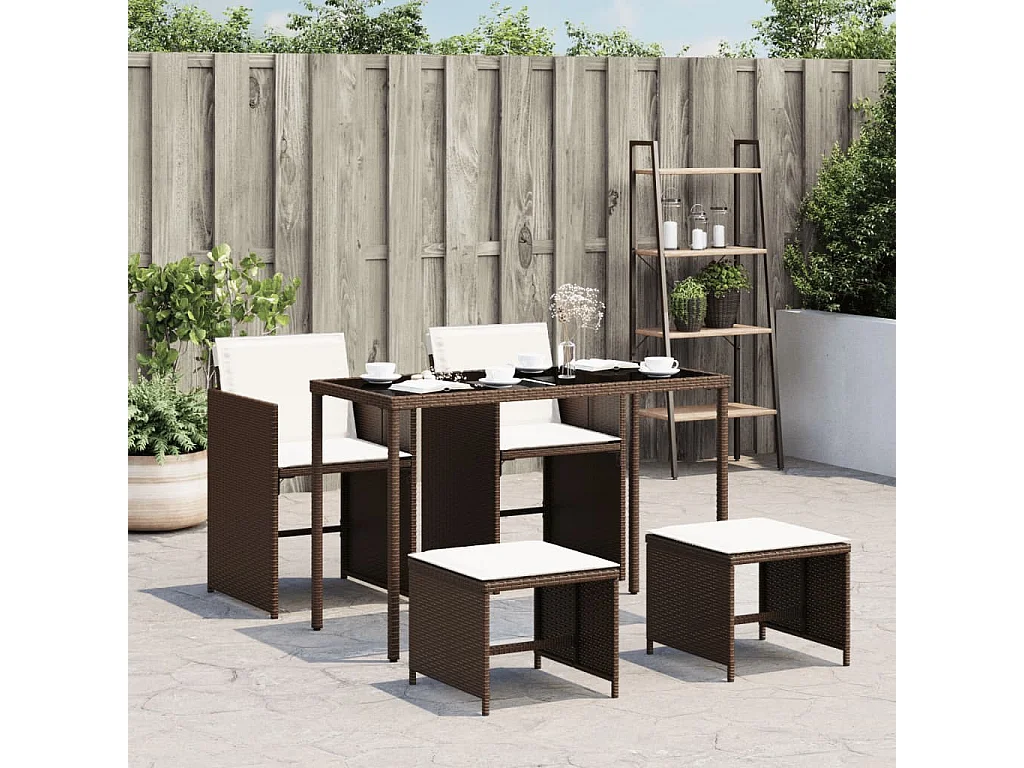 Ensemble à manger de jardin 5 pièces et coussins marron poly rotin