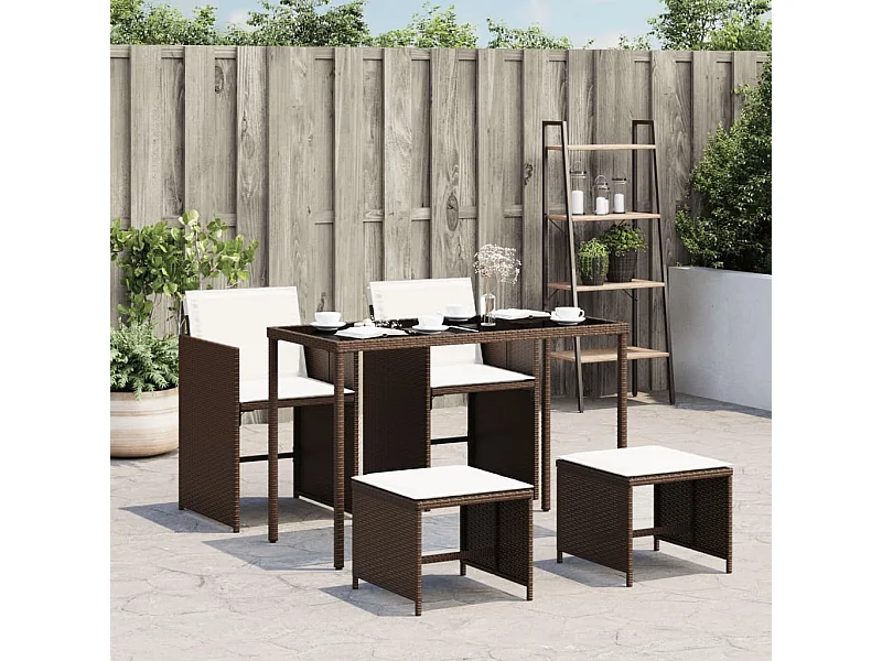 Ensemble à manger de jardin 5 pièces et coussins marron poly rotin