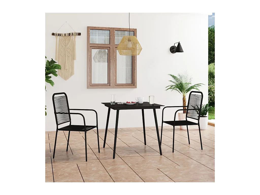 Mobilier à dîner d'extérieur 3 pièces Corde en coton et acier Noir