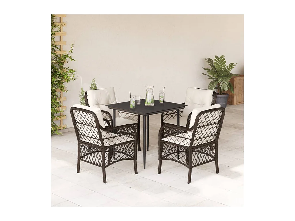 Set comedor de jardín 5 piezas y cojines ratán sintético marrón