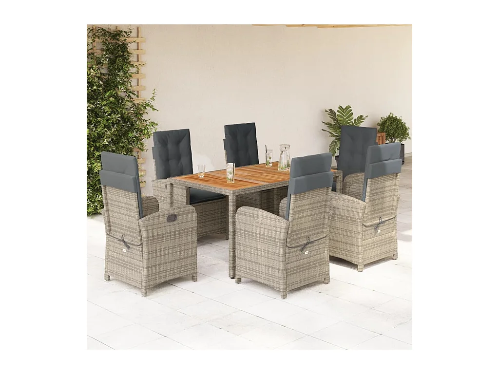 Ensemble à manger de jardin et coussins 7 pièces gris rotin