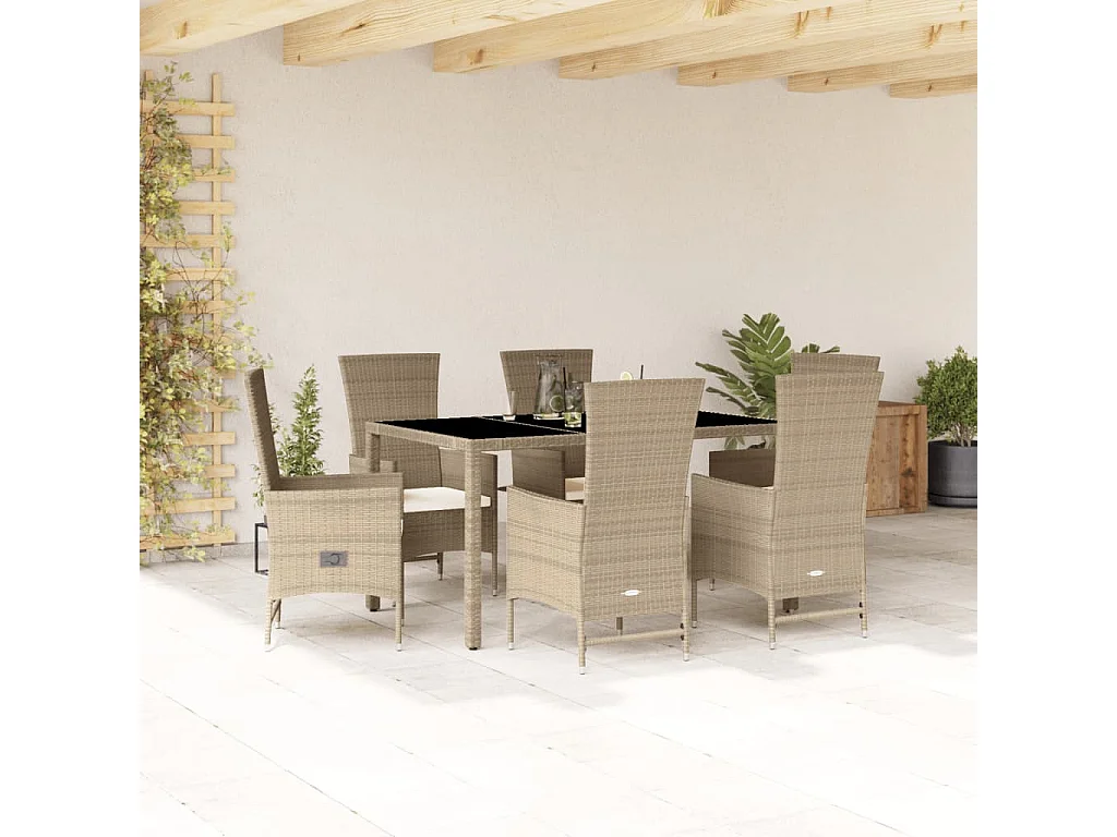 Ensemble à manger de jardin et coussins 7 pièces beige poly rotin