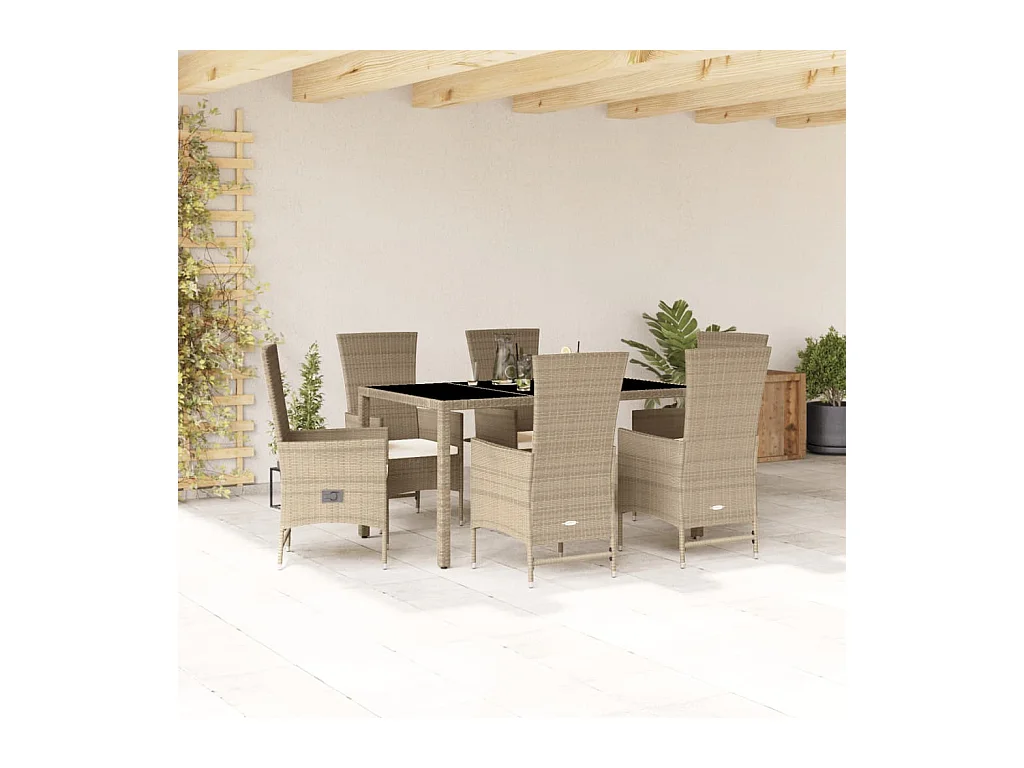 Ensemble à manger de jardin et coussins 7 pièces beige poly rotin
