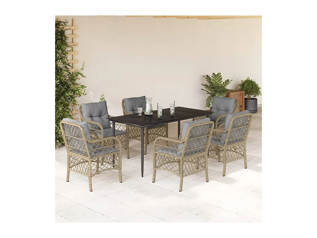 Ensemble à manger de jardin coussins 7 pièces mélange beige rotin