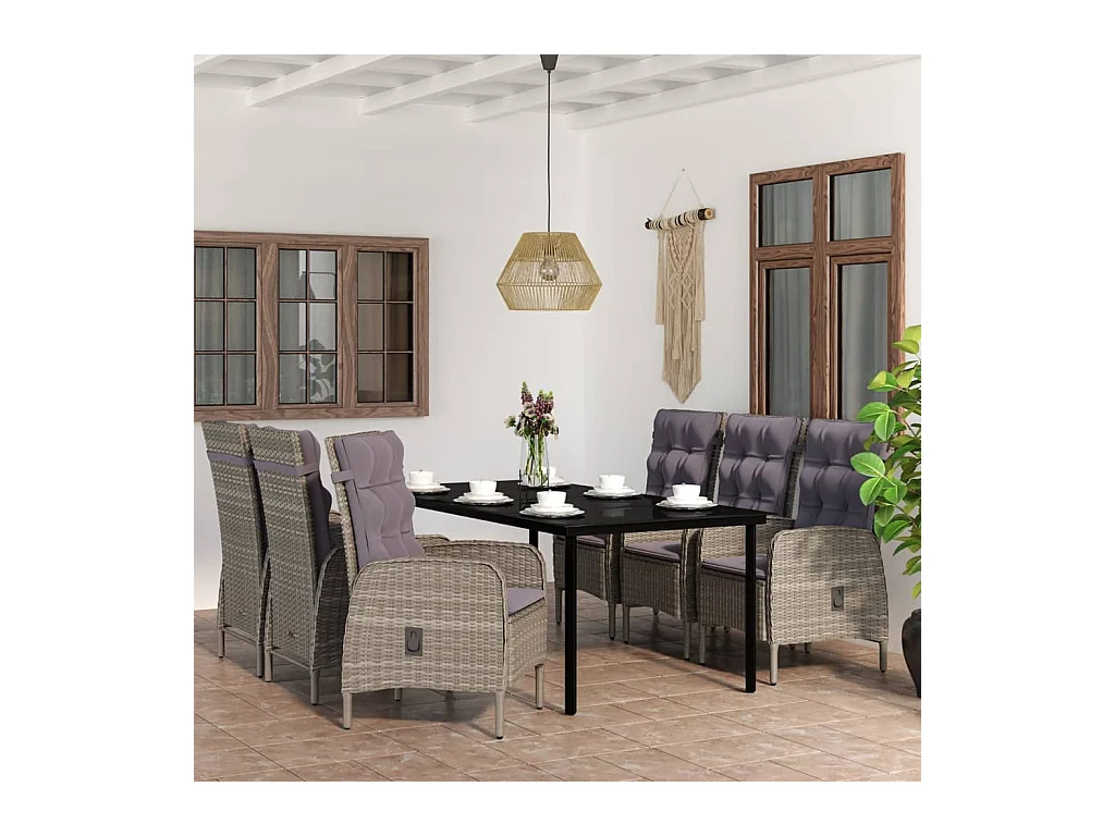 Mobilier de salle à manger de jardin coussins 7 pièces Gris et noir