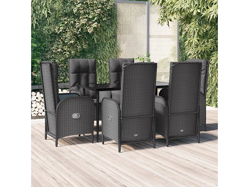 Ensemble à dîner de jardin et coussins 7 pièces Noir Résine tressée