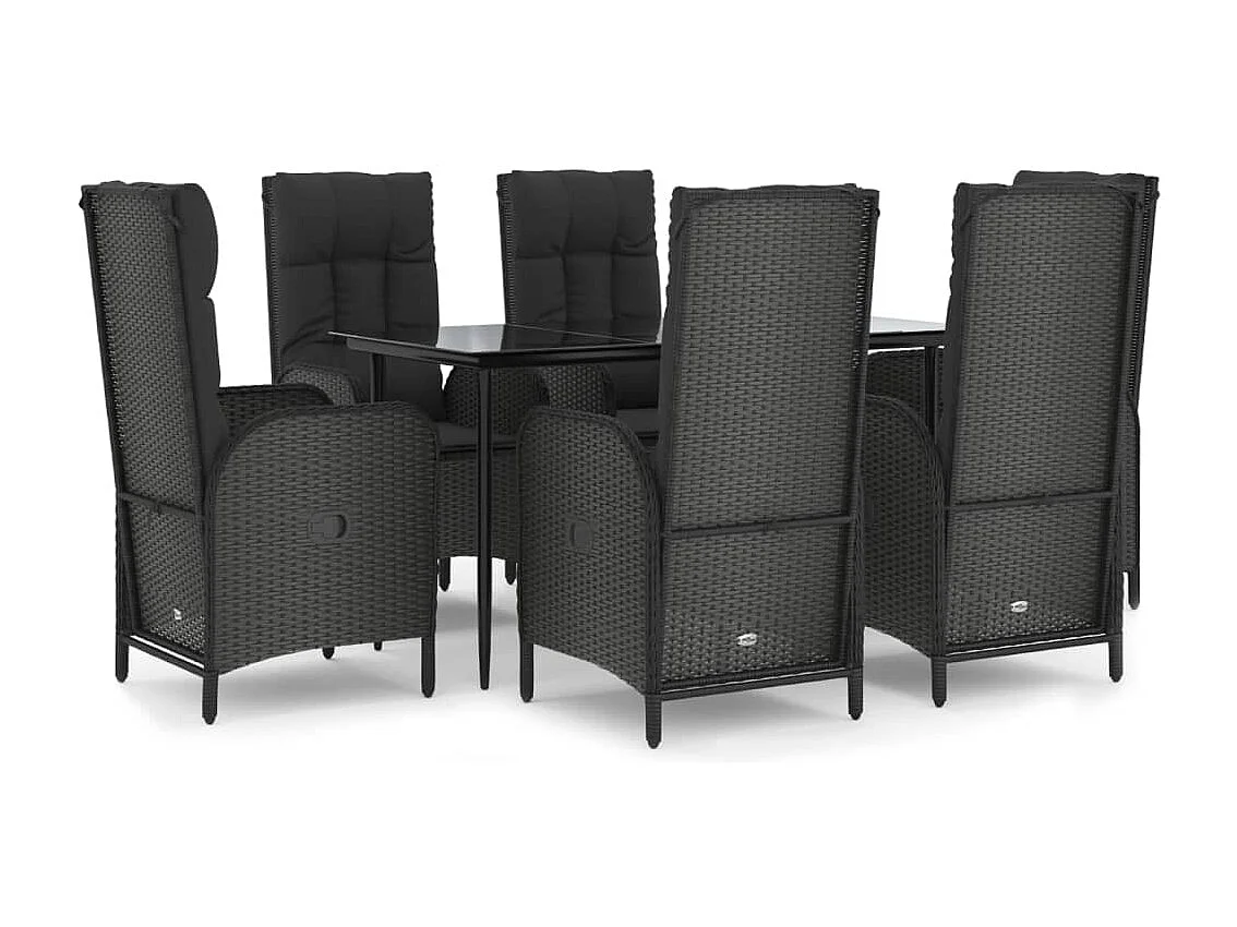Ensemble à dîner de jardin et coussins 7 pièces Noir Résine tressée