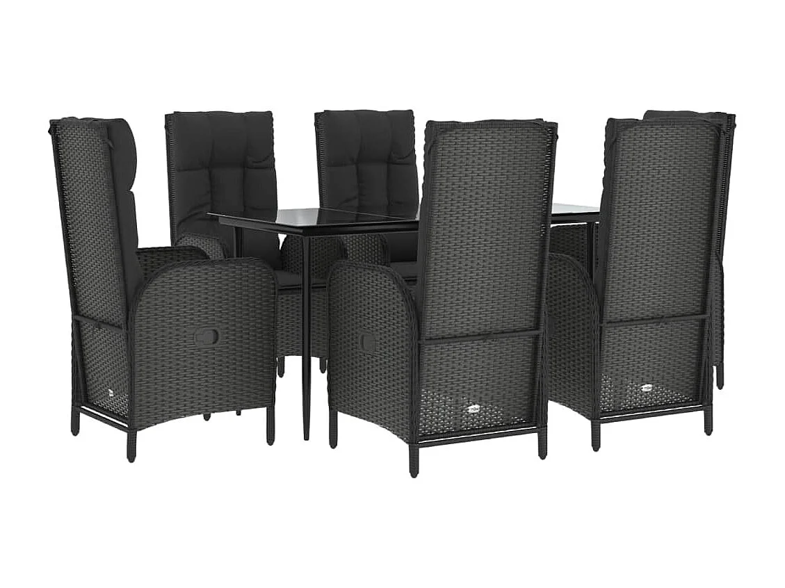 Ensemble à dîner de jardin et coussins 7 pièces Noir Résine tressée