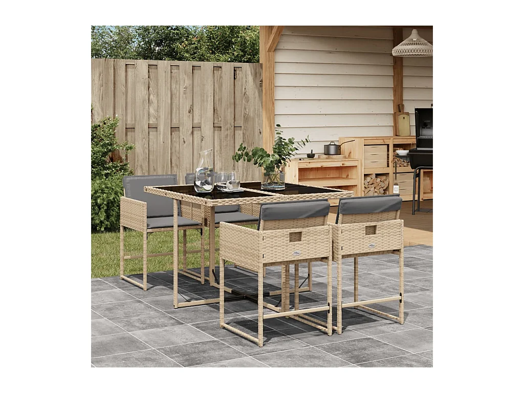 Ensemble à manger de jardin coussins 5 pièces mélange beige rotin