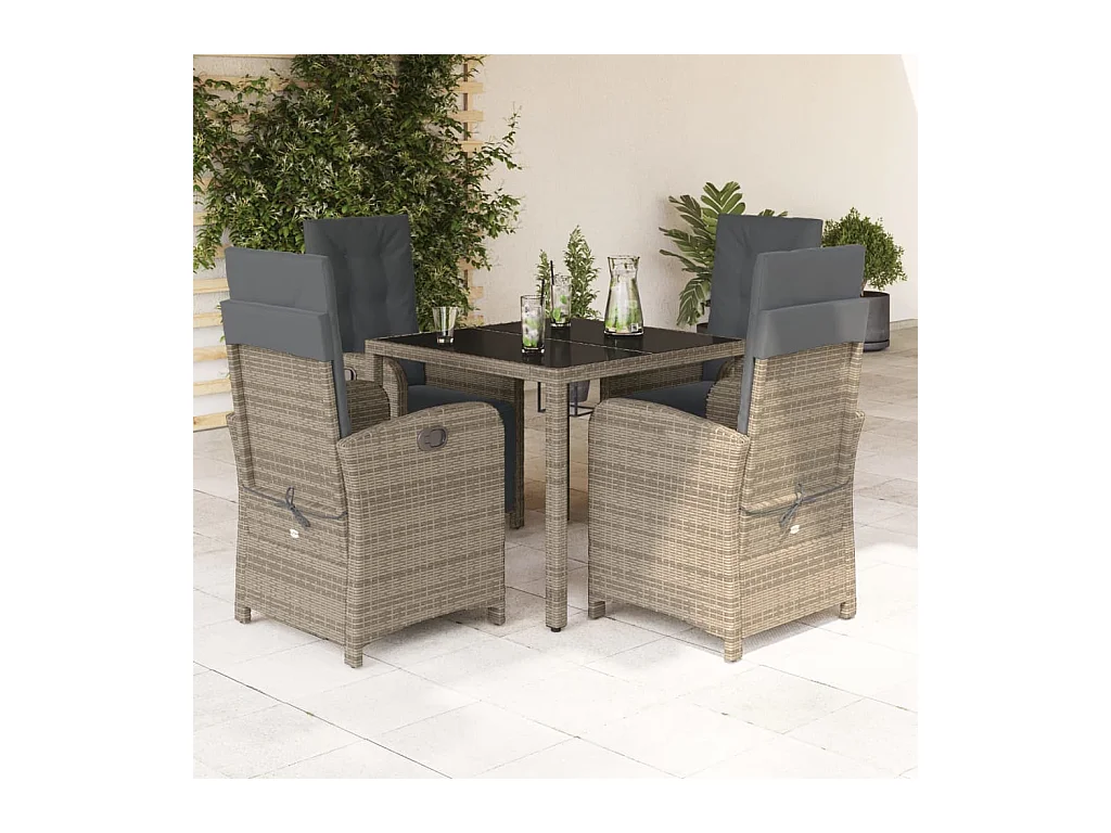 Set comedor de jardín 5 piezas con cojines ratán sintético gris