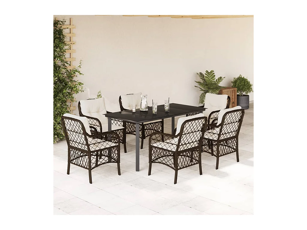 Ensemble à manger de jardin et coussins 7 pièces marron rotin