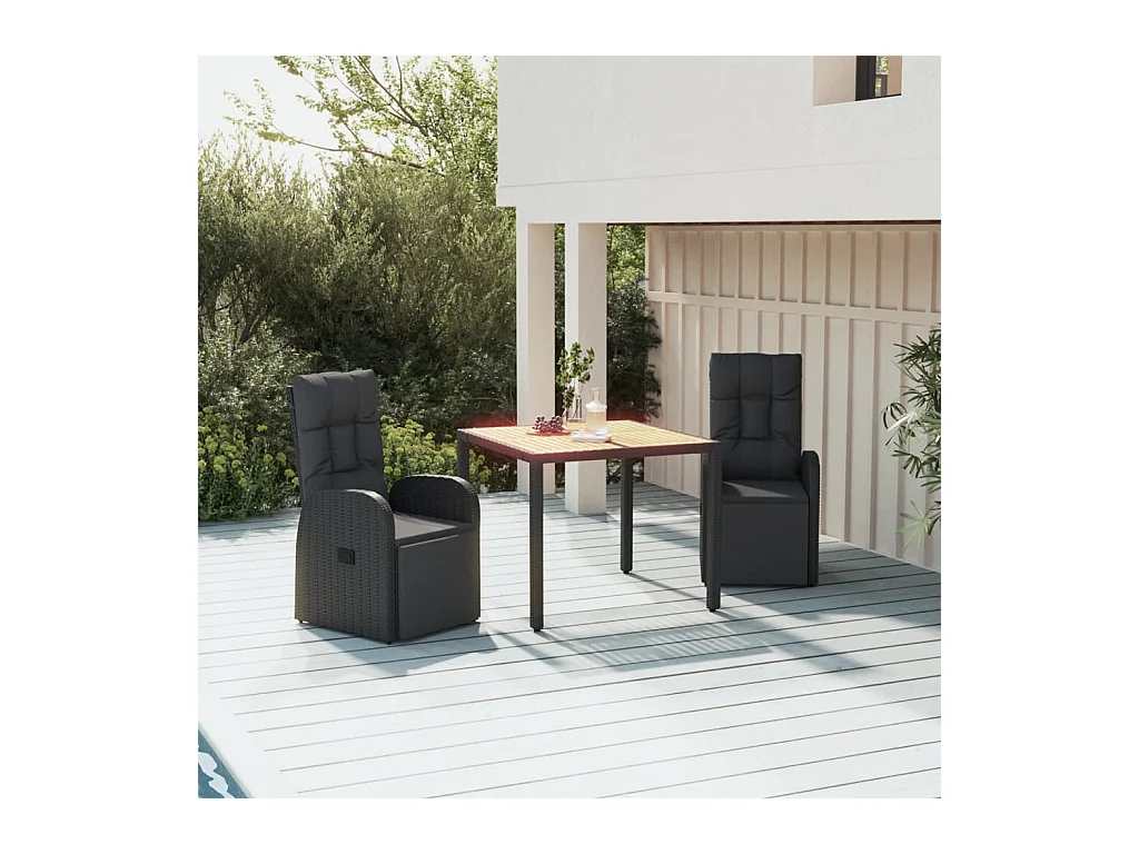 Ensemble à dîner de jardin 3 pièces Noir Poly rotin et acacia